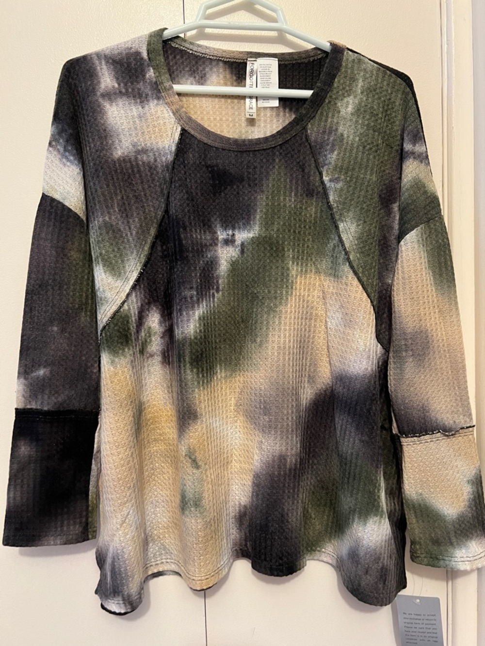 NEW Nordstrom Tie-Dye Waffle Knit Long Sleeve Top Watercolored Olive/Black/Cream